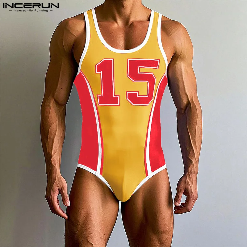 INCERUN, monos para hombre con estampado de cuello redondo, sin mangas, entrenamiento elástico, peleles para hombre, monos, mono informal de moda 2025, S-3XL para hombre