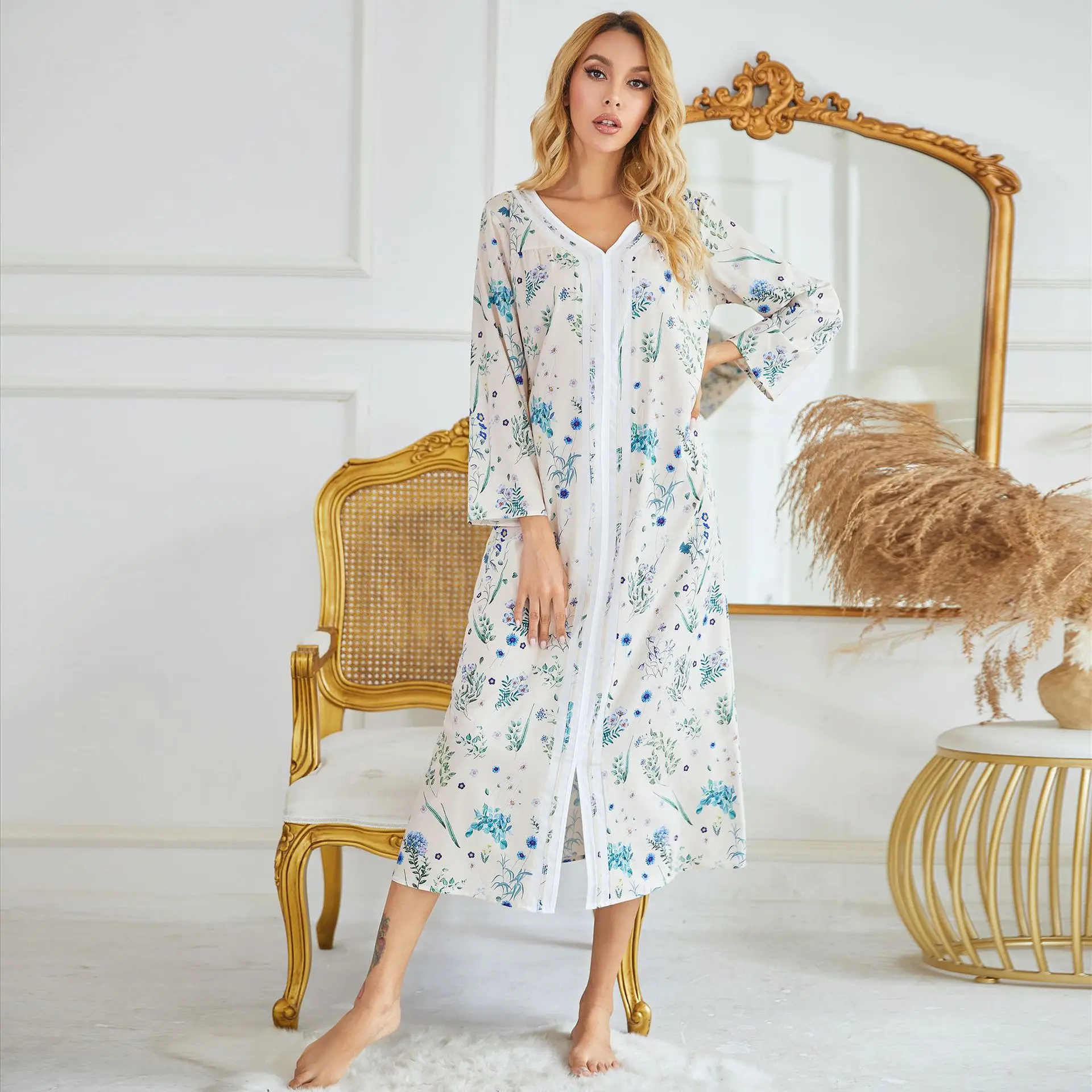 Women's Pajamas Mini Nightgowns V-Neck Nightdress Print Sleepwear Nightwear Dress Sexy Lingerie Gown Robe Homedress Home Dress