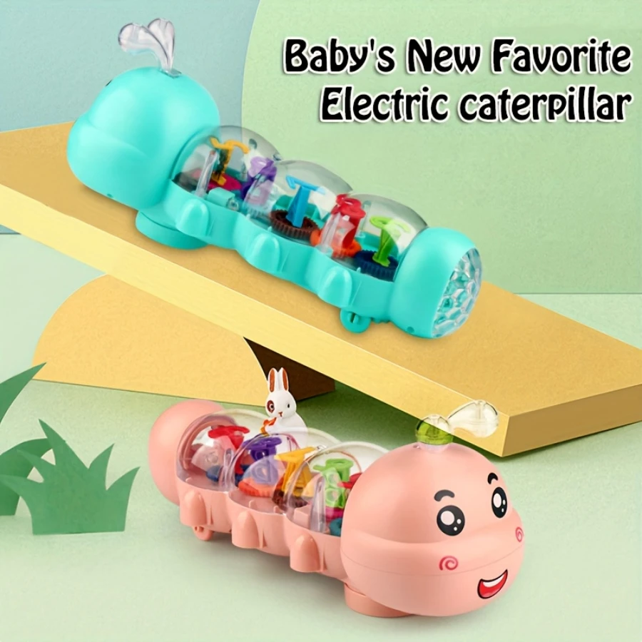 Cute caterpillar style baby crawling toy with lighting, music and automatic steering, letter and number design