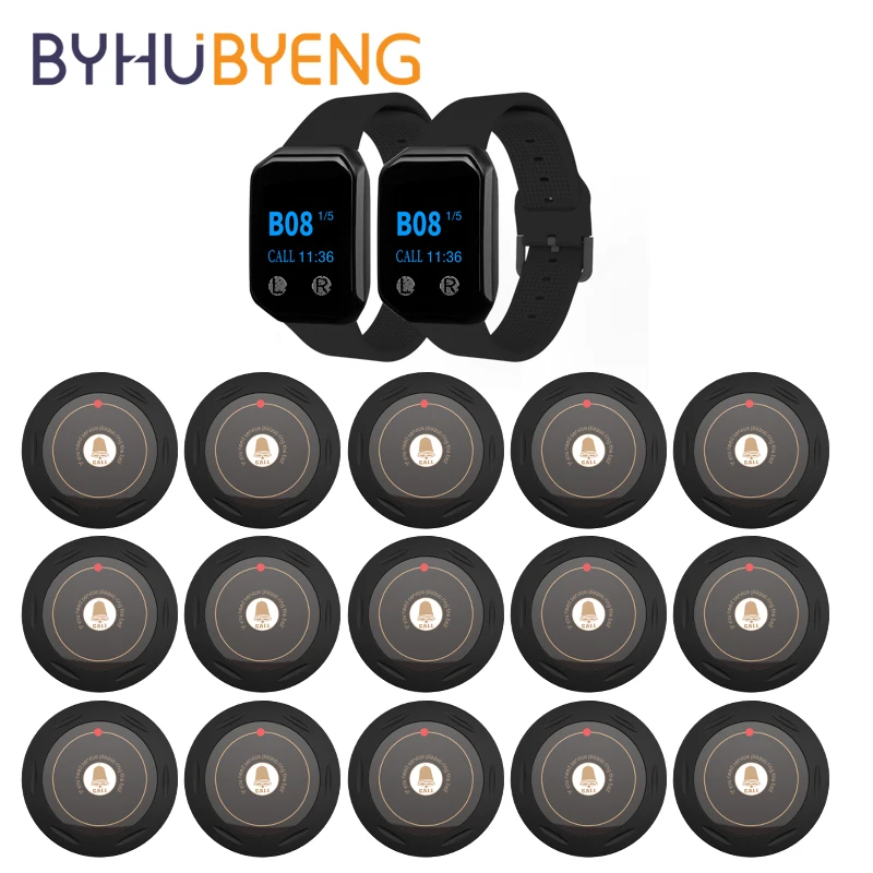 BYHUBYENG Restaurant Pager 2pcs Watch Receiver 15 Pcs Call Button Transmitter Wireless Waiter Calling System Factory Cafe