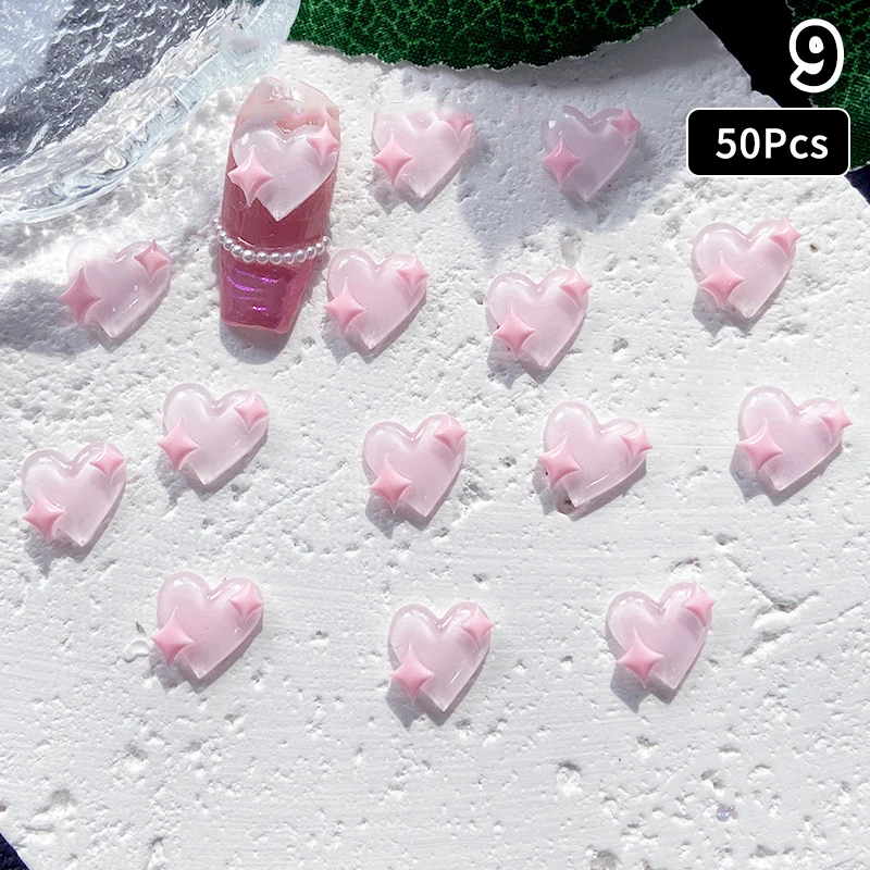 50 pièces papillon pêche coeur doux vent rose série arc coeur résine ongles breloques 3D lumineux Double Nail Art décorations bricolage ongles