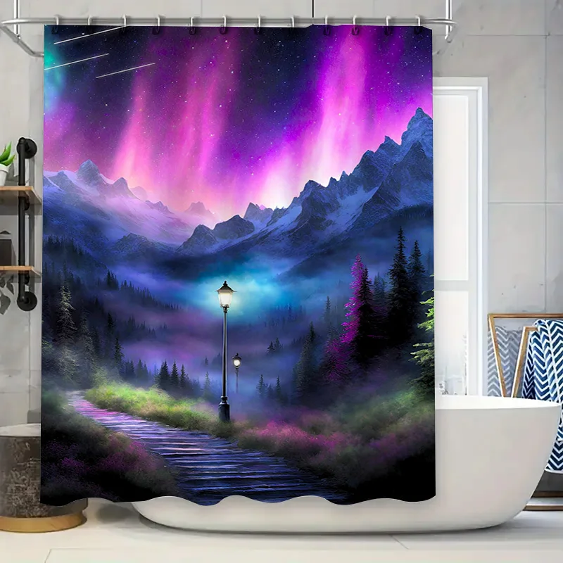 

Colorful Mountain Landscape Shower Curtain 3D Printed Bath Decor with Lamp Post Print for Home Decoration.