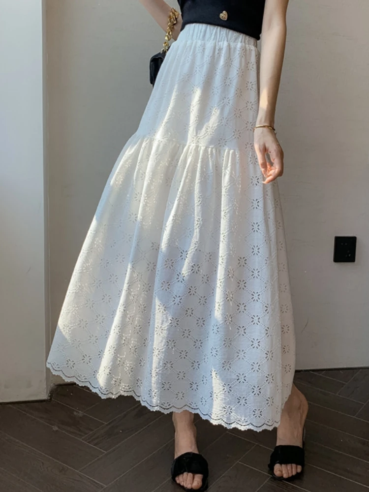 Qiukichonson Hollow Out Midi Long Skirt Women 2024 Korean Sweet Embroidered Spring Summer High Waisted A-Line White Skirts rok