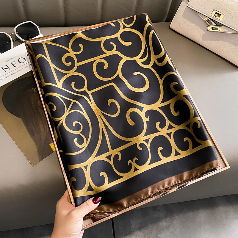 Luxury brand Royal Black gold satin silk scarf Women Brand Fashion Scarf Large Shawls Pashmina Hijab Foulard Design Retro flower