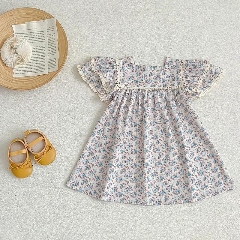 Fashion Toddler Girl Dress Summer Girls Dress Pastoral Style Floral Princess Dress Vintage Dress Girl Pink Ruffled Clothing ﻿