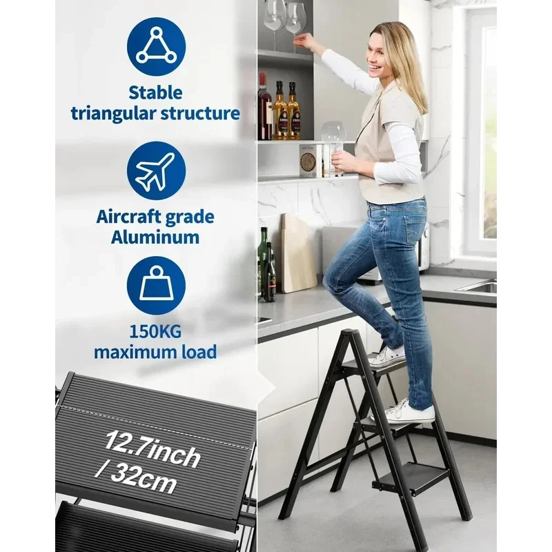 Aluminium 3-4 Step Ladder with Wide Steps Lightweight Folding Ladder Portable Slim Step Stool Safety Household Ladder Stepladder