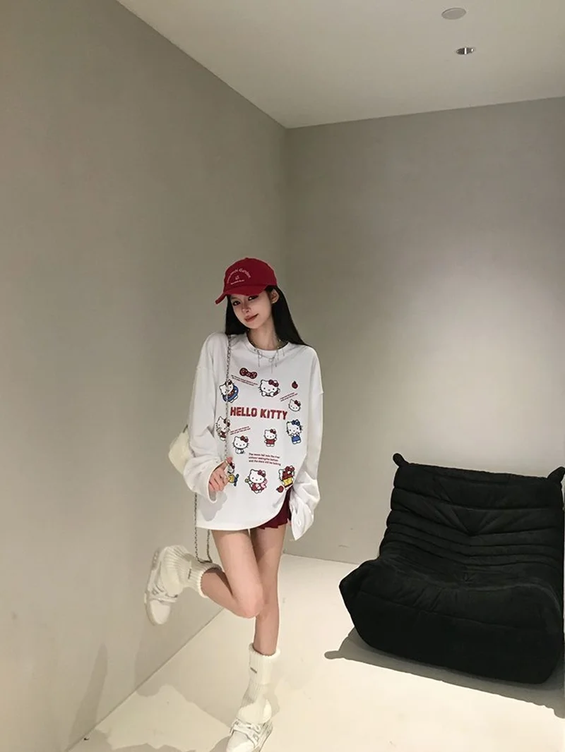 Sanrio Cartoon Print Cotton Tops for Women, Oversized Shirts, Streetwear, Splicing Tops, Kawaii Clothing, Hello Kitty, 2024