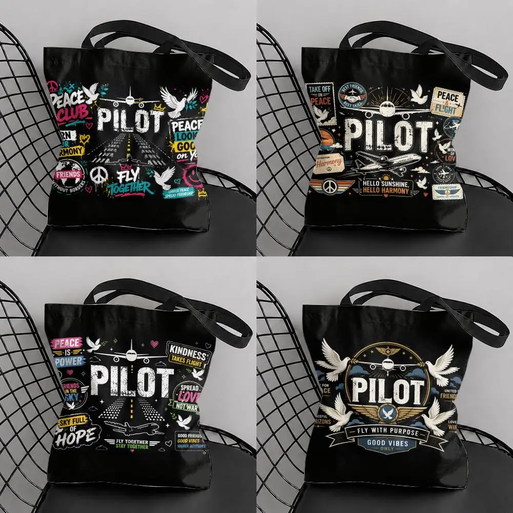 Pilot Peace Flight Art Storage Bags Large Capacity Canvas Tote Bag Reusable Shoulder Handbag for Daily Shopping Travel