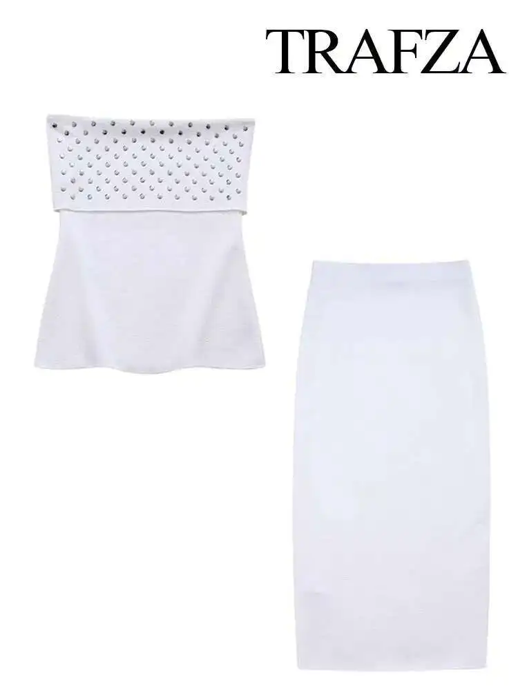 Neue Frauen 2-teiliges Set Elegante Ärmellose Liebsten Niet Schmücken Tops + Mode Sommer Solide Rock Anzüge