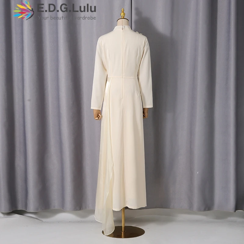 EDGLuLu Sukienki wieczorowe z okrągłym dekoltem, długim rękawem, asymetryczne, damskie, zdobione diamentami, z kwiatowymi frędzlami, łączone, długa sukienka 1205