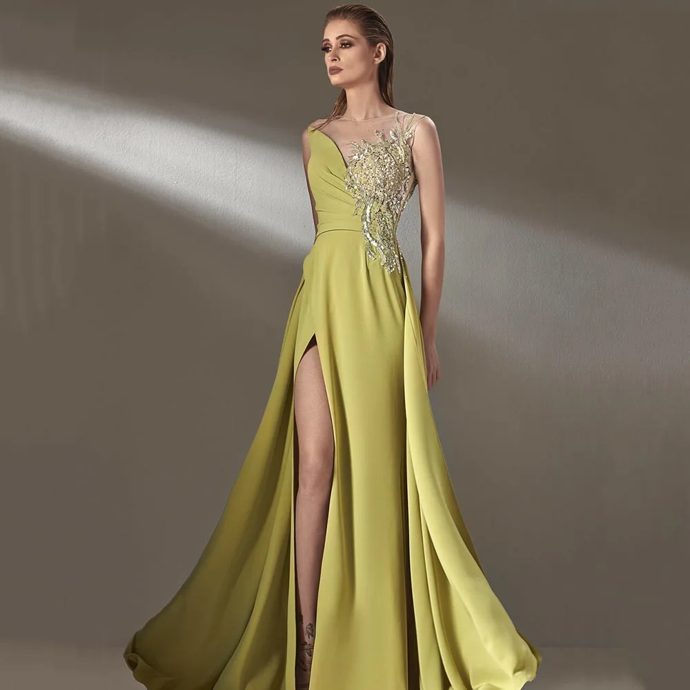 Olive Green Evening Dresses Sleeveless Pleats Beaded Sequined Floor Length Party Prom Gowns With Slit Formal Gowns Customized