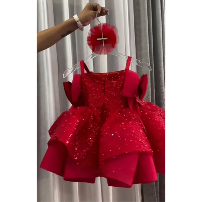 New Children Girls Red Sequin Party Dress Puffy Tulle Princess Celebration Pageant Formal Wear Gown for Kids Birthday Christmas