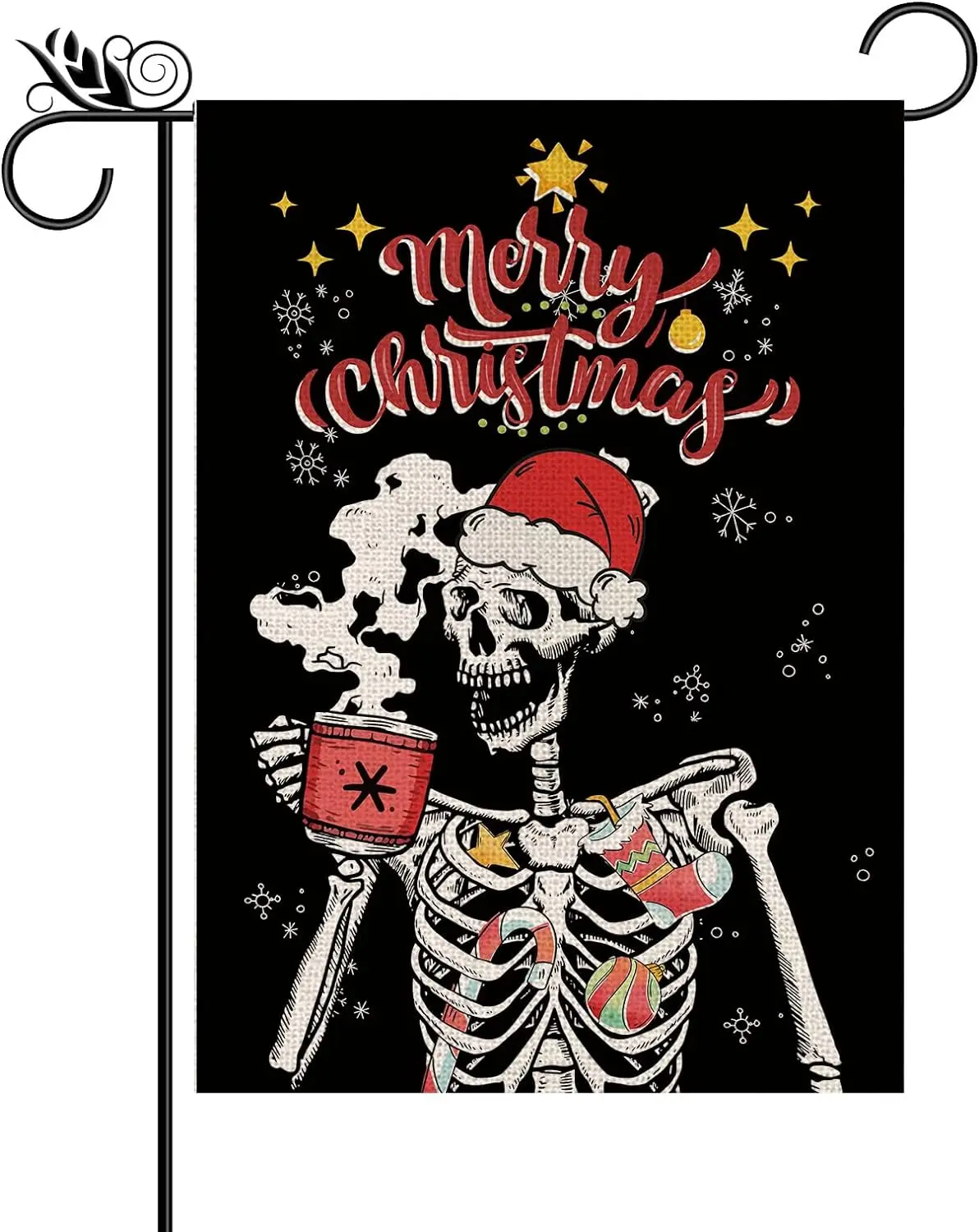 Merry Christmas Garden Flag Hat Skeleton Coffee Double Sided Funny Xmas Winter Holiday Decorations Yard Lawn Outdoor Decor