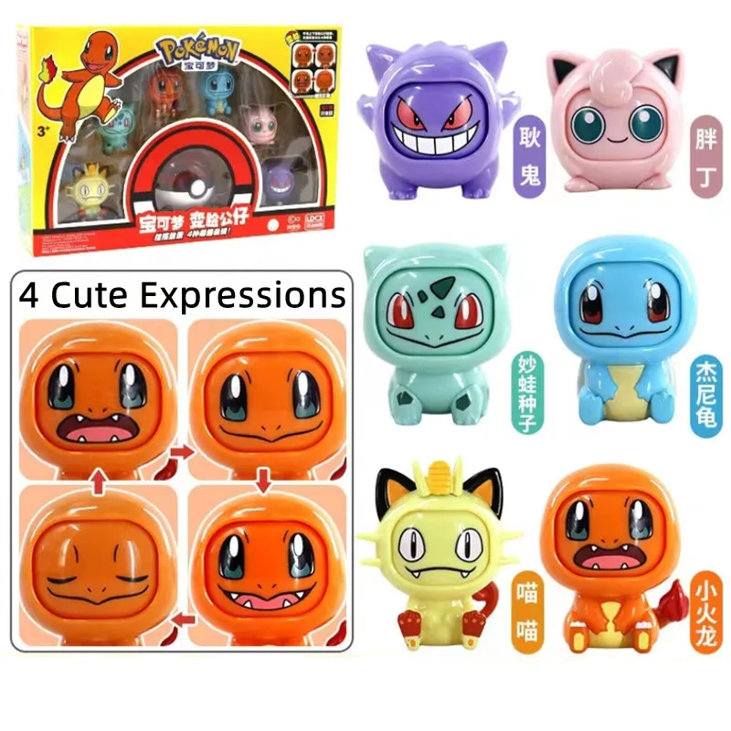 Original Box Pokemon Face Changing Model ABC Material Pikachu Charmander Gengar Eevee Anime Pocket Monsters Action Figures Toys