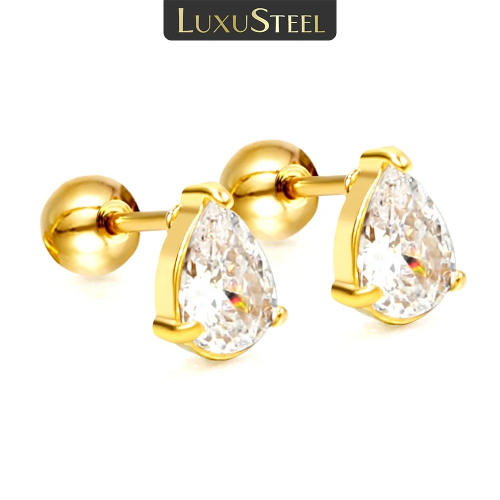 Luxus Stahl neue Damen modische und beliebte Stahlkugel Plug Wasser tropfen form mit weißen Diamant Zirkonia Ohrringe
