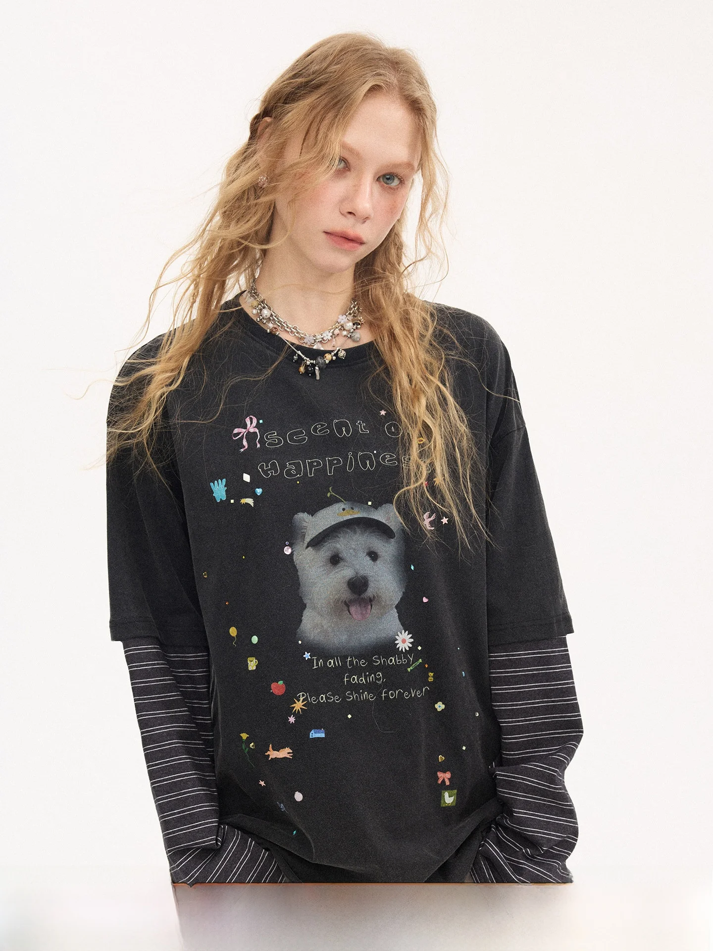 

DIDDI MODA Ladies Cotton T-Shirt Cartoon Stickers Rhinestone Patchwork Long Sleeve Loose Fit round Neck Full Cotton