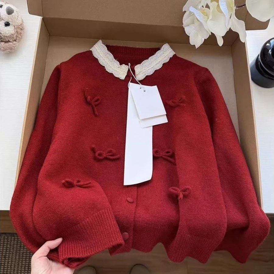 

Вязаный кардиган Ele с длинными рукавами и круглым вырезом, женский, мягкий, удобный, новогодний, красный, верхняя одежда с 3D-узлом