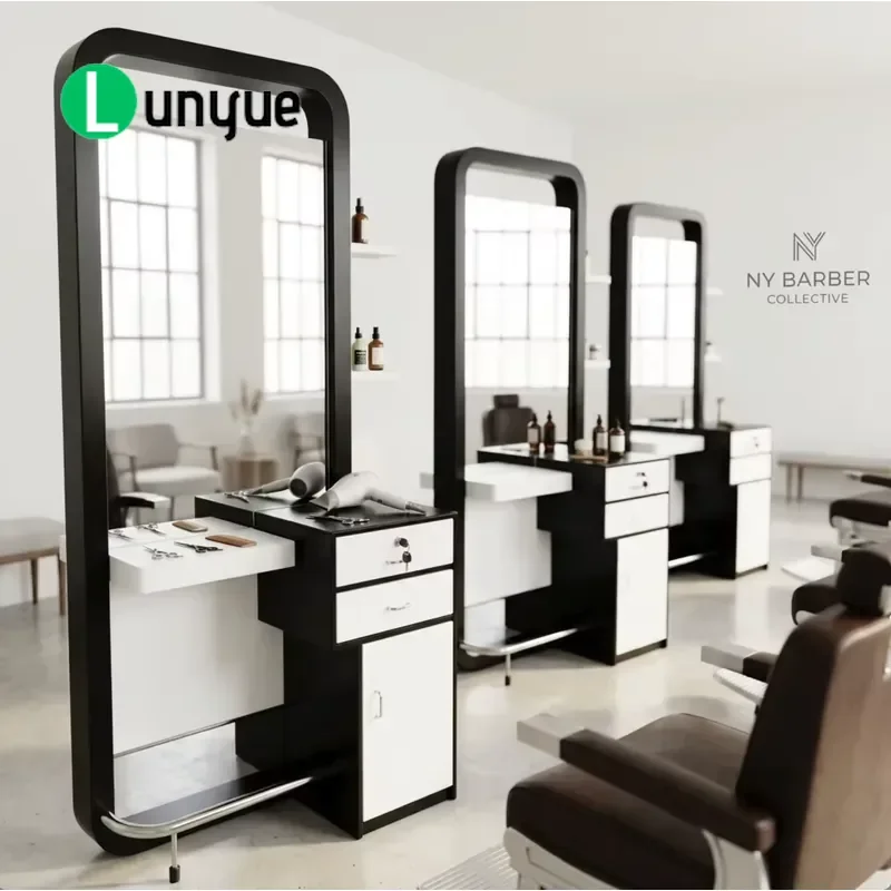 Professional Barber Mirror Station with Storage Cabinet Nordic Minimalist Hair Styling Station Modern Furniture