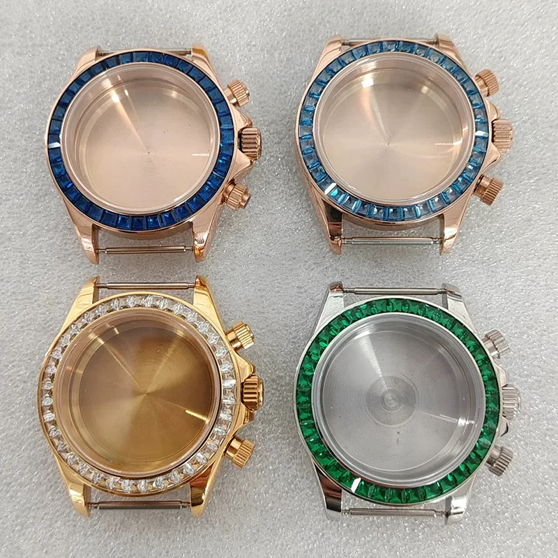 High Quality 316L Stainless 39mm Case Colorful Diamond Ceramic Bezel Compatible with VK63 Three-Eye Quartz Movement