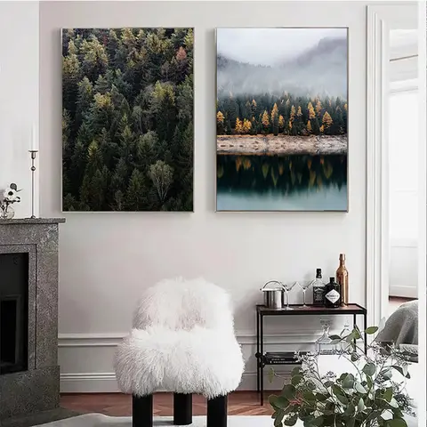 Vacker mörkgrön skog dimmigt bergslandskap naturlandskap poster kanvas målning väggkonst bilder heminredning 6 best sales naturaffisch - №3