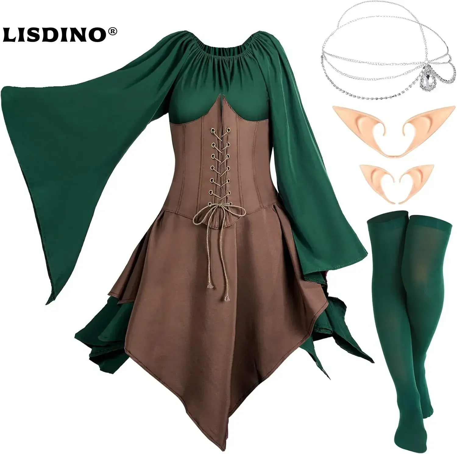 Eurzom 5-teiliges mittelalterliches Feenkostüm-Set für Damen, Renaissance-Kleid, Mädchen, Elf, Cosplay, Ohren, Zubehör, Strass-Tropfen-Kopfbedeckung