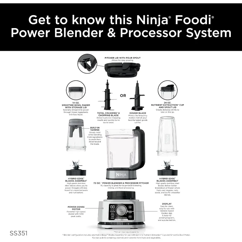 Ninja Ss351 Foodi Power Blender & Processor Systeem 1400 Wp Smoothie Bowl Maker & Nutriënt Extractor * 6 Functies Voor Kommen