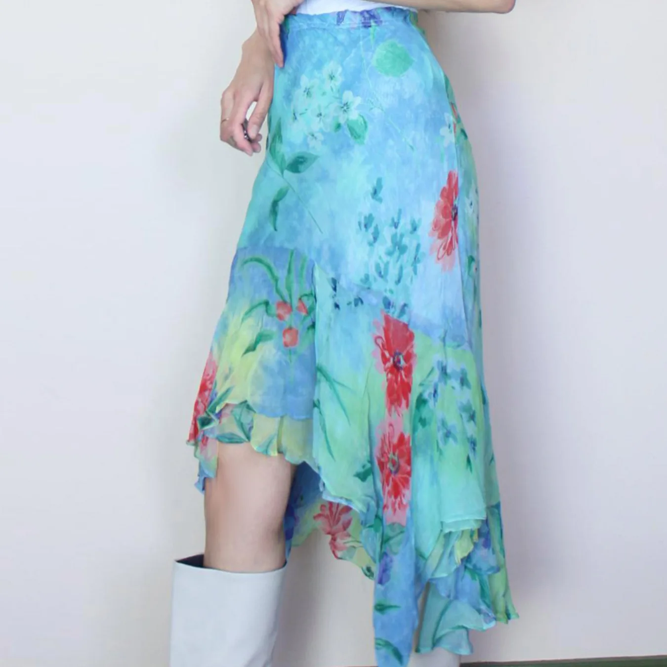 2026 봄 신상 여성 불규칙 유화 꽃 메쉬 중장 스커트
