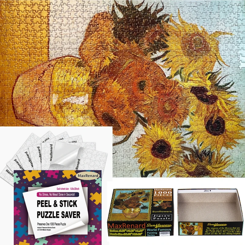 1000 Pieces Cardboard Sunflower Jigsaw Puzzle Large Size 26.75x19.25 Inch with 6 Self-Adhesive Backing Stickers
