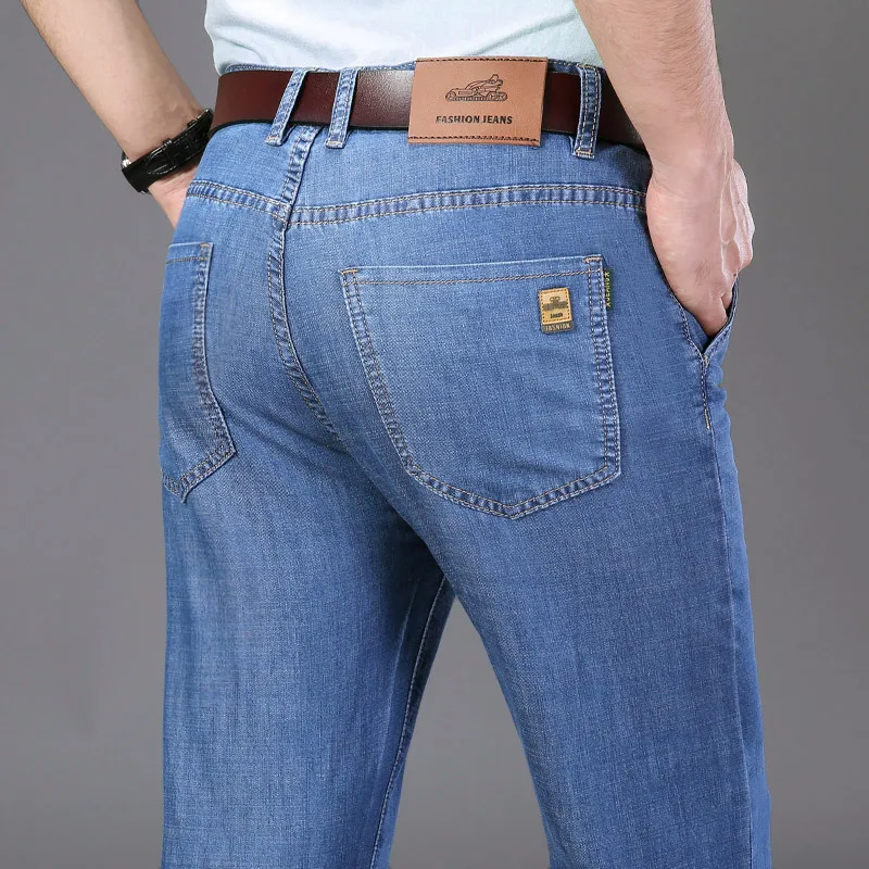 

Весенние джинсы с высокой талией, тонкие, прямого кроя, для мужчин среднего возраста, из ледяного шелка, свободного кроя, классические синие длинные брюки на молнии