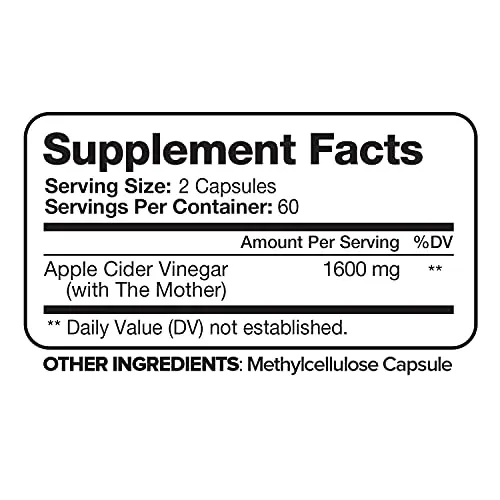 Apple Cider Vinegar 1600mg Weight Loss Supplement Healthy Digestion Weight Management Detoxifier 120 Vegetable Capsules