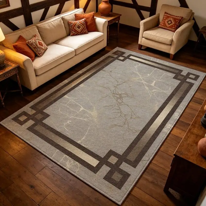 Light Marble Gold Frame Carpet Flooring, Luxury Simple Border Area Rug for Bedroom Entrance