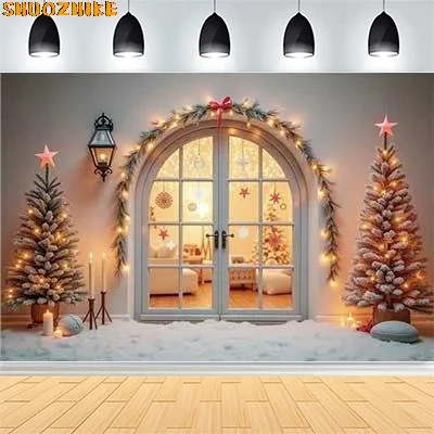 

Christmas Day Wreath Family New Year Party Photography Backdrops Prop Window Living Room Xmas Tree Gift Snow Background BT-01