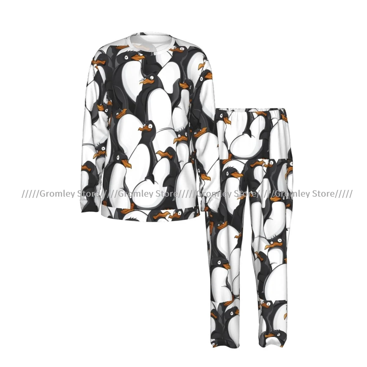 Men's Long Sleeve Long Pants Pajama Set Penguins Pattern Casual Loungewear and Sleepwear for Home