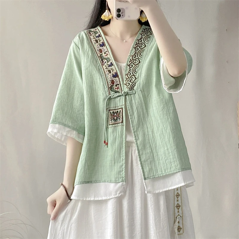 Women Vintage Chinese Ethnic Style Embroidery Patchwork Shirts V Neck Half Sleeve Cotton Linen Blouses Summer Female Loose Tops