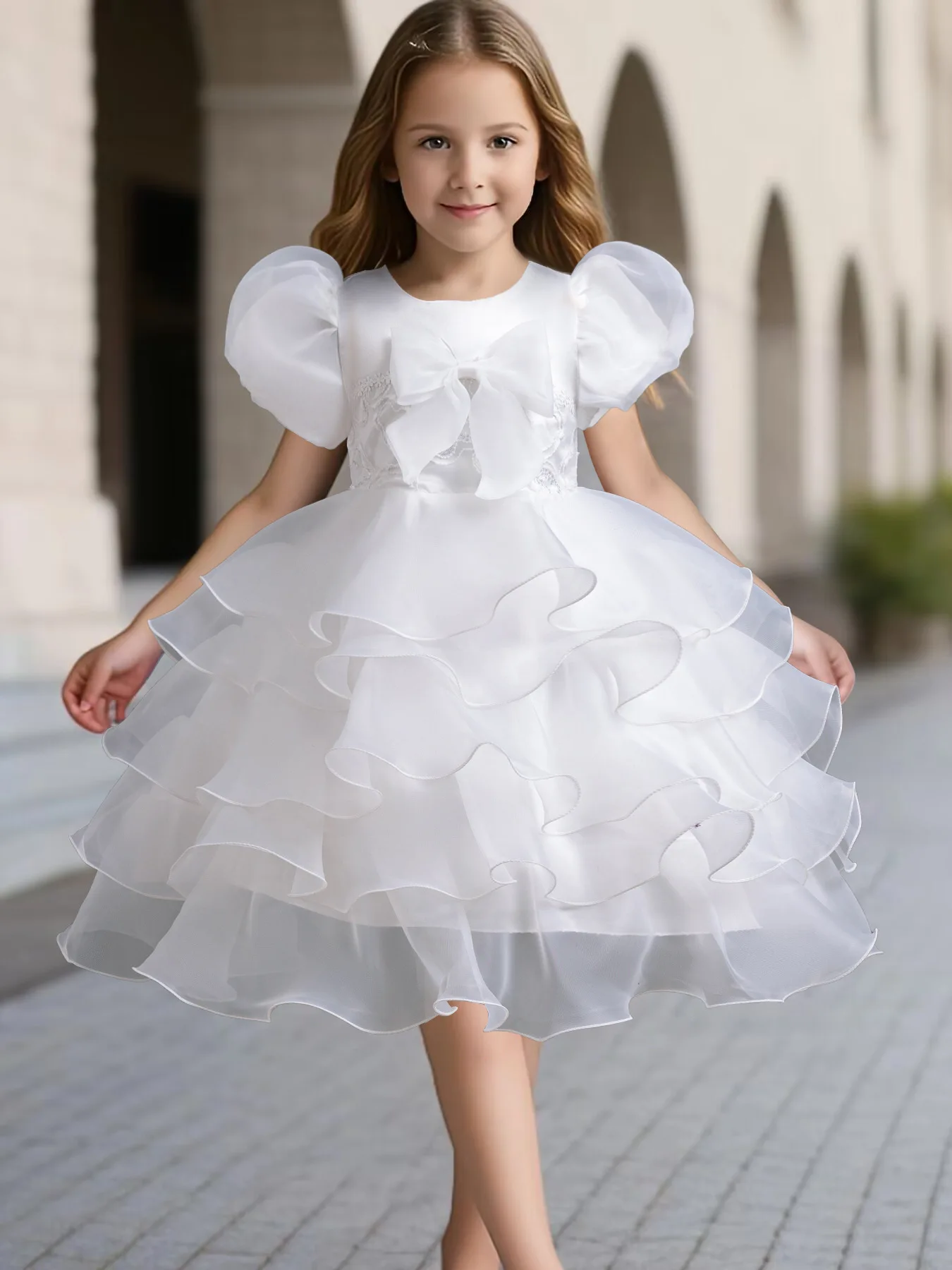 

Wihte Bubble Sleeves Princess Dress for Girls, Bow Princess Dress for 2 to 10 Year Child Performance, Fluffy Mesh Cake Dress