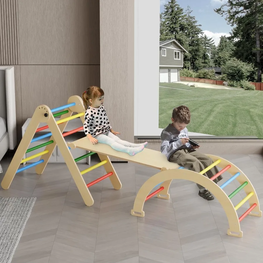 Pikler triângulo conjunto 5 em 1 dobrável montessori brinquedos de escalada de madeira bebê alpinista com arco rampa e escada interior selva ginásio para