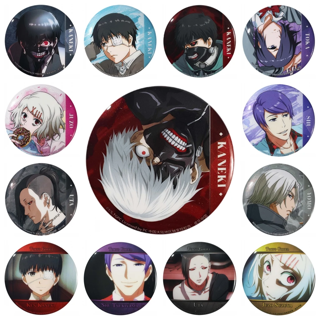 

58mm Anime Tokyo Ghoul‌ Kamishiro Rize JUZO SUZUYA REI Kaneki Ken Cosplay COSTUME Badge Pin SPTE Tinplate Brooch Prop Xmas Gilf