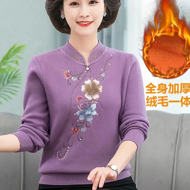 Middle Aged Women\'s Sweater Pullover Autumn Winter New Fashion Embroidered Long Sleeved Knitted Sweater Female Jumper Tops 4XL