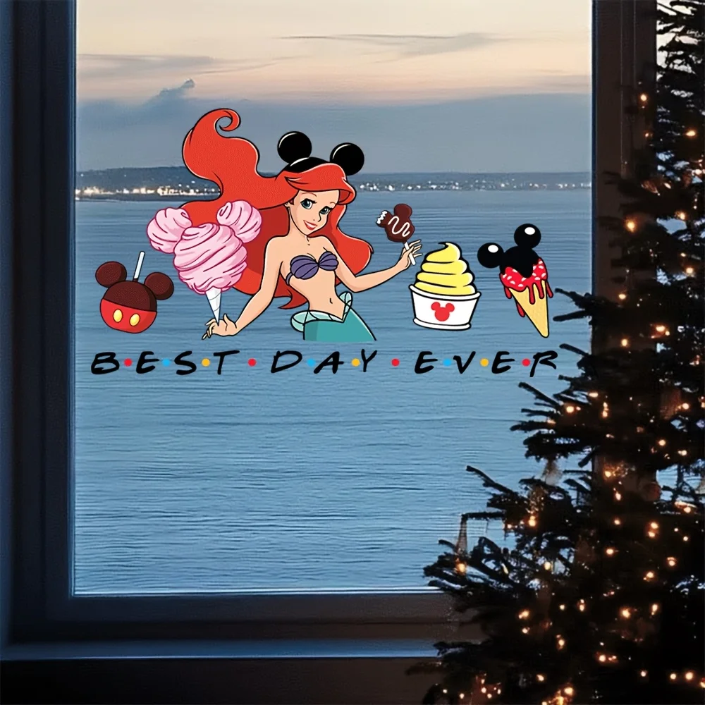 1 ملصق نافذة ديزني بيوتي آند ذا بيست آرييل، يتميز بوجبات خفيفة ونص ميكي ماوس - مناسب للزجاج والجدران والثلاجات والمرايا وديكور الغرفة