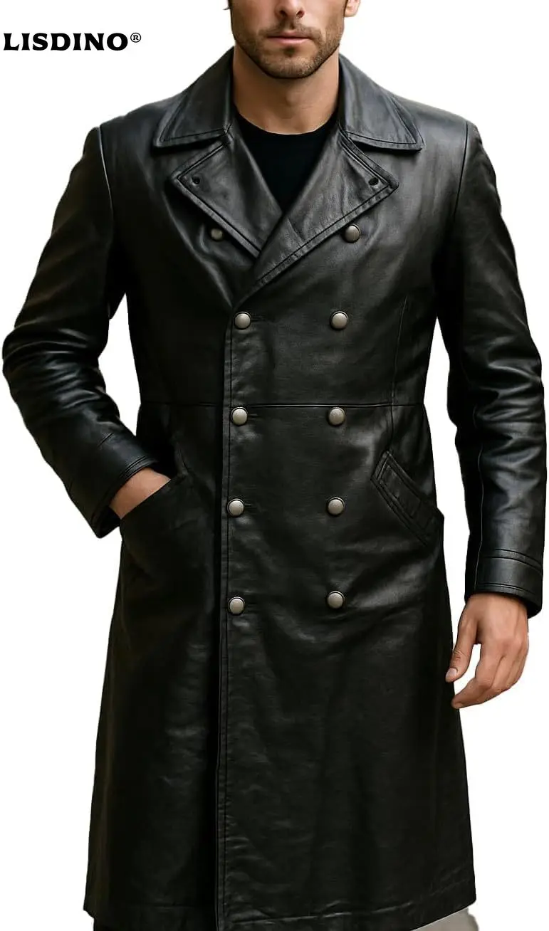 

Prime-Fashion German Military Officer Uniform WW2 Classic Black Long Leather Trench Coat Jacket For Men