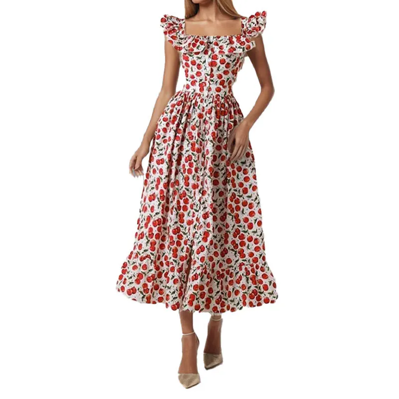 Mode Bloemen Verstoorde Vierkante Kraag Vrouwen Jurk Casual Vliegende Mouwen Hoge Taille Grote Vest Elegant Vrouwelijk Overhemd Een Lijn Jurk