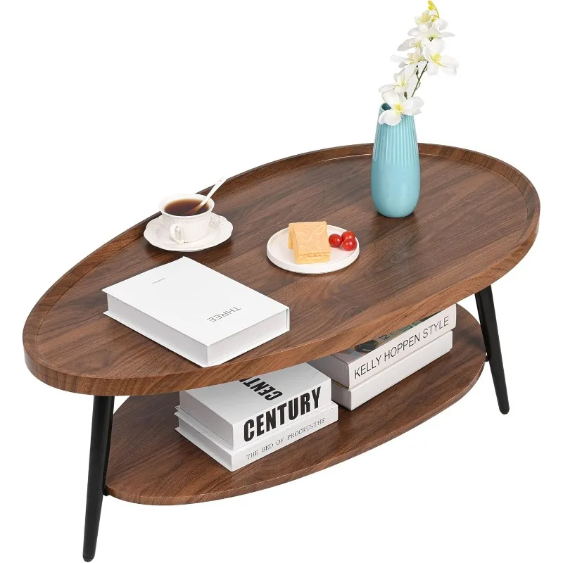 2-Tier Midden Eeuw Ovale Watervormige Houten Middenkoffietafel Rustieke Boerderij Salontafel Voor Woonkamer, Slaapkamer, 40 ", Bruin