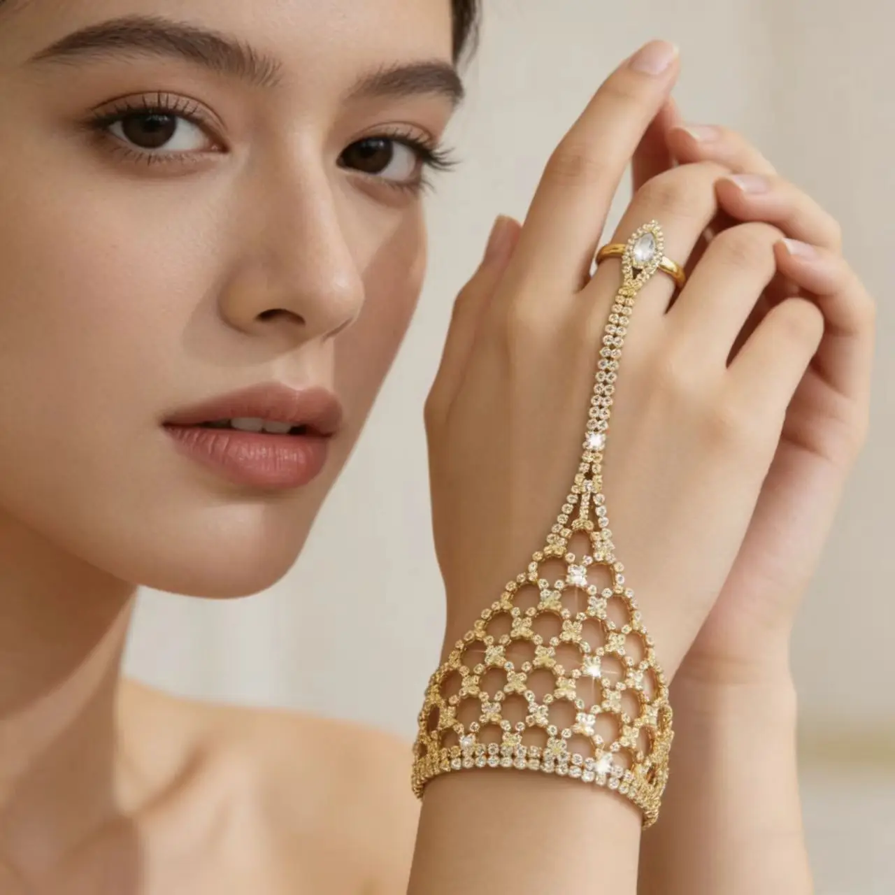 سلسلة يد مأدبة الزفاف النسائية مع تصميم شبكي وقطرة الماء الماسية المدمجة للإصبع المتشابك سوار خلفي إكسسوار