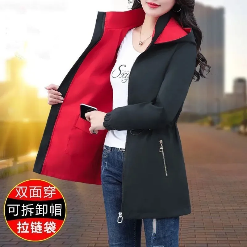 สองด้าน Trench Coat ผู้หญิง 2025 ฤดูใบไม้ผลิใหม่ฤดูใบไม้ร่วง Casual Hooded เสื้อผ้ากลางความยาว Windbreaker หญิงหลวม ...