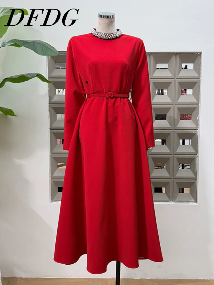 

DFDG Women's 2025 Pearl Embellished Vintage Dress Round Neck Long Sleeve Belted Waist Elegant Transitional Party Versatile Dress