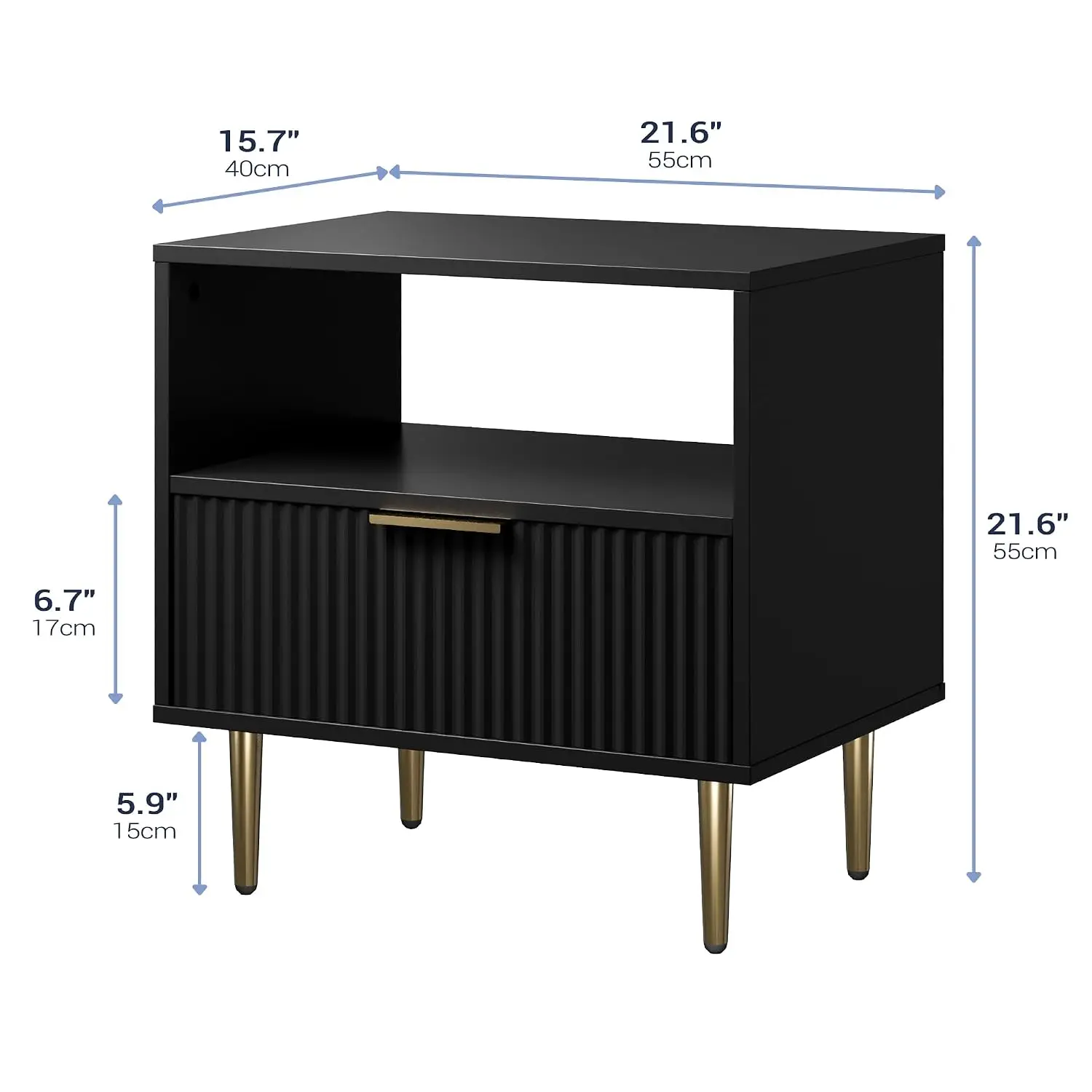 Fluted Nightstand Set Of 2 With Drawer For Bedroom, Black, Customized