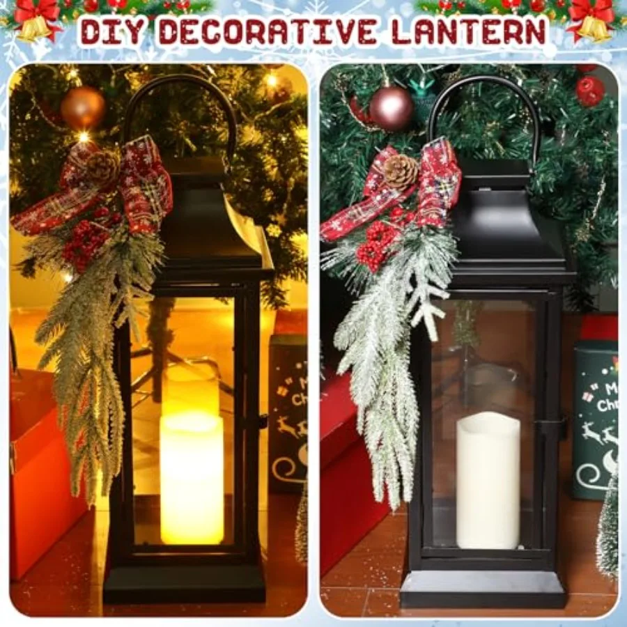Lanterne natalizie grandi da 24 pollici con pannelli in vetro e nastro decorativo rosso per uso esterno e interno Appendere in metallo nero