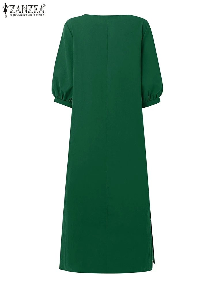 잔제아 캐주얼 코튼 린넨 미디 드레스 루즈핏 3/4 소매 V넥 데일리룩 여성용 사이드 슬릿 2025 여름 솔리드 베스티도스