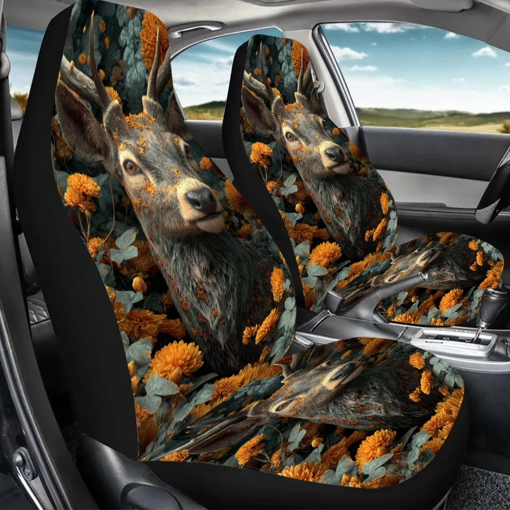 2pcs Floral Deer Portrait Car Seat Covers | Universal Fit, Polyester, Sponge Filled, Enhances Driving Pleasure, Ideal Gift For F