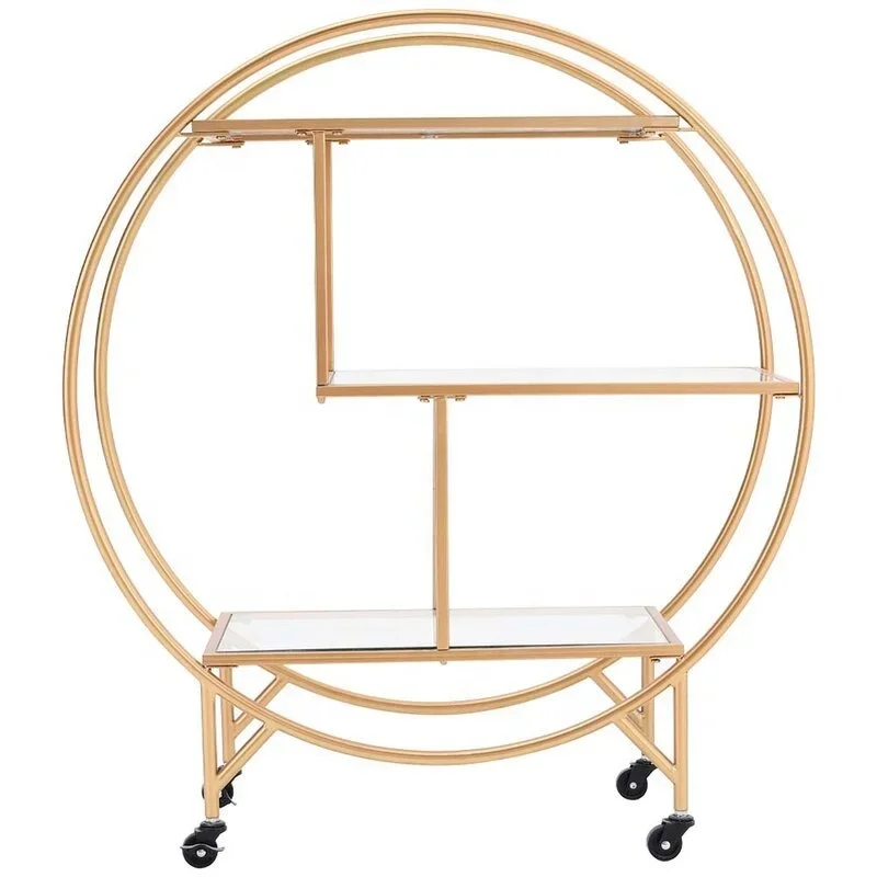 light luxury  round frame with 4 wheel 3 tier gold metal with mirror trolley bar cart hotel furniture cart home garden storage